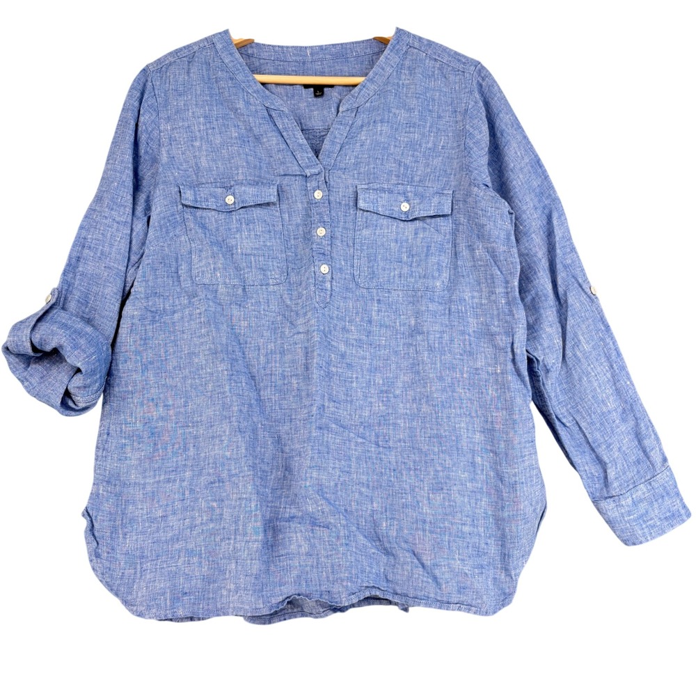Talbots Womens Large Blue 100% Linen Roll Tab Sleeve Button Tunic Blouse Coastal